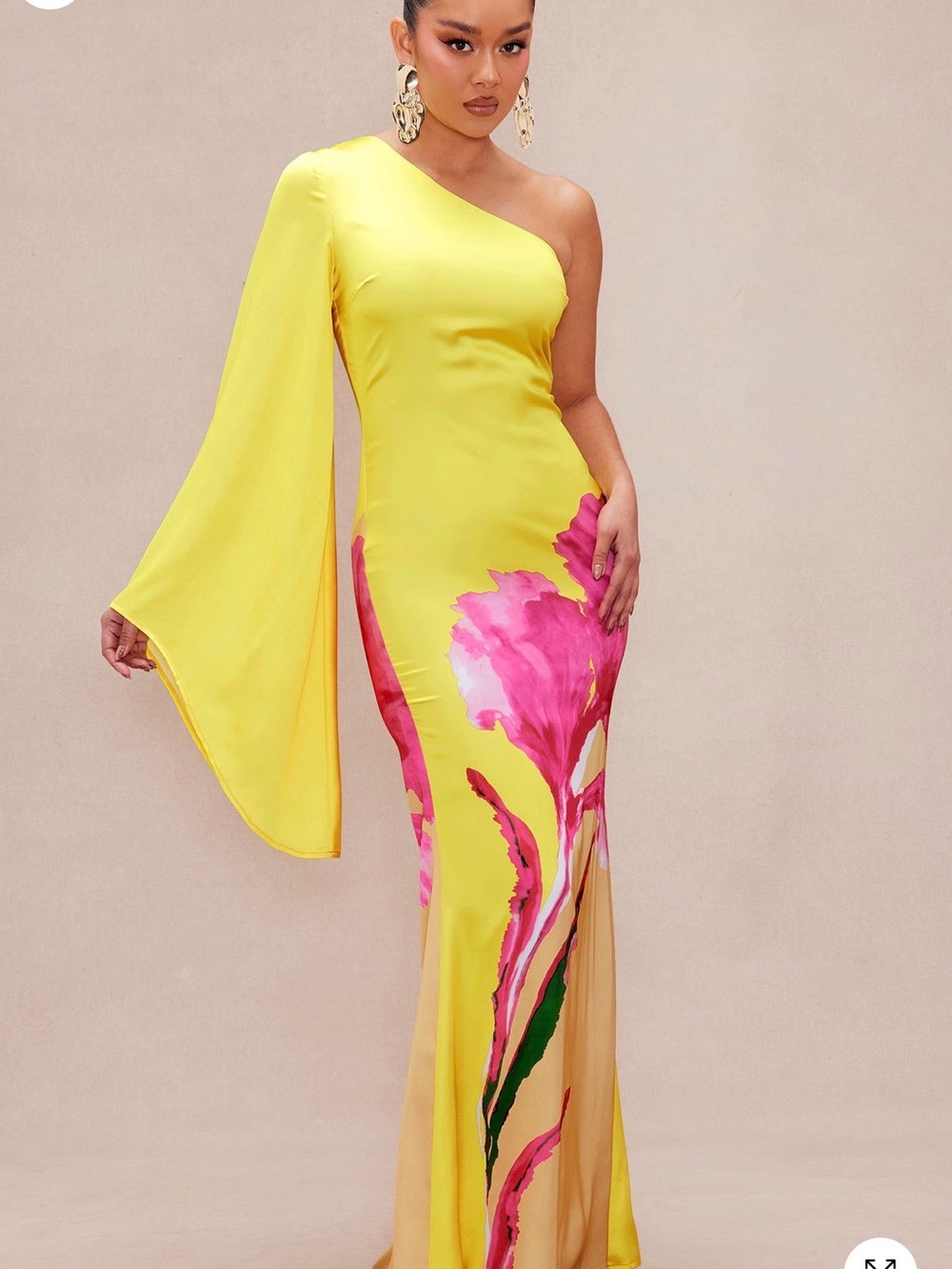 Fashion Nova Yellow One-Shoulder Evening Gown with Pink Floral